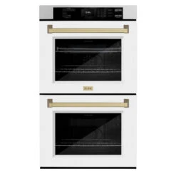 ZLINE Autograph Edition 30 In. Professional True Convection Double Wall Oven With Air Fry And Self Clean In Satin Stainless Steel With White Matte Doors And Champagne Bronze Handles (WADSZ-WM-30-CB)(Zline Autograph Edition 30 Double Wall Oven Satin Stainless Steel White Matte Champagne Bronze Wadsz Wm 30 Cb)