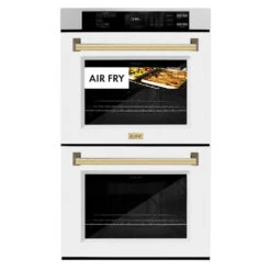 ZLINE Autograph Edition 30 In. Professional True Convection Double Wall Oven With Air Fry And Self Clean In Satin Stainless Steel With White Matte Doors And Polished Gold Handles (WADSZ-WM-30-G)(Zline Autograph Edition 30 Double Wall Oven Satin Stainless Steel White Matte Polished Gold Wadsz Wm 30 G) -Induction Cooktop Store zline autograph edition satin stainless steel white door wall oven WADSZ WM 30 G air fry