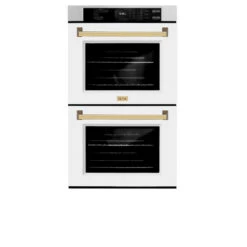 ZLINE Autograph Edition 30 In. Professional True Convection Double Wall Oven With Air Fry And Self Clean In Satin Stainless Steel With White Matte Doors And Polished Gold Handles (WADSZ-WM-30-G)(Zline Autograph Edition 30 Double Wall Oven Satin Stainless Steel White Matte Polished Gold Wadsz Wm 30 G) -Induction Cooktop Store zline autograph edition satin stainless steel white door wall oven WADSZ WM 30 G front