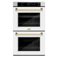 ZLINE Autograph Edition 30 In. Professional True Convection Double Wall Oven With Air Fry And Self Clean In Satin Stainless Steel With White Matte Doors And Polished Gold Handles (WADSZ-WM-30-G)(Zline Autograph Edition 30 Double Wall Oven Satin Stainless Steel White Matte Polished Gold Wadsz Wm 30 G)