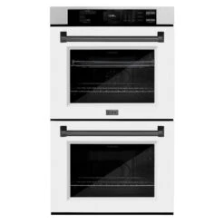 ZLINE Autograph Edition 30 In. Professional True Convection Double Wall Oven With Air Fry And Self Clean In Satin Stainless Steel With White Matte Doors And Matte Black Handles (WADSZ-WM-30-MB)(Zline Autograph Edition 30 Double Wall Oven Satin Stainless Steel White Matte Matte Black Wadsz Wm 30 Mb)
