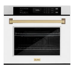 ZLINE Autograph Edition 30 In. Professional True Convection Single Wall Oven With Air Fry And Self Clean In Satin Stainless Steel With White Matte Door And Champagne Bronze Handle (WASSZ-WM-30-CB)(Zline Autograph Edition 30 Wall Oven Satin Stainless Steel White Matte Champagne Bronze Wassz Wm 30 Cb)