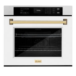 ZLINE Autograph Edition 30 In. Professional True Convection Single Wall Oven With Air Fry And Self Clean In Satin Stainless Steel With White Matte Door And Polished Gold Handle (WASSZ-WM-30-G)(Zline Autograph Edition 30 Wall Oven Satin Stainless Steel White Matte Polished Gold Wassz Wm 30 G)