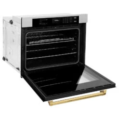 ZLINE Autograph Edition 30 In. Professional True Convection Single Wall Oven With Air Fry And Self Clean In Satin Stainless Steel With White Matte Door And Polished Gold Handle (WASSZ-WM-30-G)(Zline Autograph Edition 30 Wall Oven Satin Stainless Steel White Matte Polished Gold Wassz Wm 30 G) 25 ZLINE Autograph Edition 30 In. Professional True Convection Single Wall Oven With Air Fry And Self Clean In Satin Stainless Steel With White Matte Door And Polished Gold Handle (WASSZ-WM-30-G)(Zline Autograph Edition 30 Wall Oven Satin Stainless Steel White Matte Polished Gold Wassz Wm 30 G) -Induction Cooktop Store zline autograph edition satin stainless steel white matte wall oven WASSZ WM 30 G side open hero