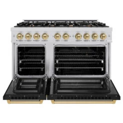 ZLINE Autograph Edition 48 In. 6.7 Cu. Ft. Select Double Oven Dual Fuel Range With 8 Burner Gas Cooktop In Stainless Steel With Black Matte Doors And Champagne Bronze Accents (HDRZ-BLM-48-CB)(Zline Autograph Edition 48 Select Dual Fuel Range Stainless Steel Black Matte Champagne Bronze Hdrz Blm 48 Cb) 16 ZLINE Autograph Edition 48 In. 6.7 Cu. Ft. Select Double Oven Dual Fuel Range With 8 Burner Gas Cooktop In Stainless Steel With Black Matte Doors And Champagne Bronze Accents (HDRZ-BLM-48-CB)(Zline Autograph Edition 48 Select Dual Fuel Range Stainless Steel Black Matte Champagne Bronze Hdrz Blm 48 Cb) -Induction Cooktop Store zline autograph edition select stainless steel black matte dual fuel range HDRZ BLM 48 CB front open