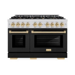 ZLINE Autograph Edition 48 In. 6.7 Cu. Ft. Select Double Oven Dual Fuel Range With 8 Burner Gas Cooktop In Stainless Steel With Black Matte Doors And Polished Gold Accents (HDRZ-BLM-48-G)(Zline Autograph Edition 48 Select Dual Fuel Range Stainless Steel Black Matte Polished Gold Hdrz Blm 48 G) 15 ZLINE Autograph Edition 48 In. 6.7 Cu. Ft. Select Double Oven Dual Fuel Range With 8 Burner Gas Cooktop In Stainless Steel With Black Matte Doors And Polished Gold Accents (HDRZ-BLM-48-G)(Zline Autograph Edition 48 Select Dual Fuel Range Stainless Steel Black Matte Polished Gold Hdrz Blm 48 G) -Induction Cooktop Store zline autograph edition select stainless steel black matte dual fuel range HDRZ BLM 48 G front hero