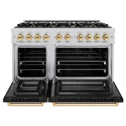 ZLINE Autograph Edition 48 In. 6.7 Cu. Ft. Select Double Oven Dual Fuel Range With 8 Burner Gas Cooktop In Stainless Steel With Black Matte Doors And Polished Gold Accents (HDRZ-BLM-48-G)(Zline Autograph Edition 48 Select Dual Fuel Range Stainless Steel Black Matte Polished Gold Hdrz Blm 48 G) 16 ZLINE Autograph Edition 48 In. 6.7 Cu. Ft. Select Double Oven Dual Fuel Range With 8 Burner Gas Cooktop In Stainless Steel With Black Matte Doors And Polished Gold Accents (HDRZ-BLM-48-G)(Zline Autograph Edition 48 Select Dual Fuel Range Stainless Steel Black Matte Polished Gold Hdrz Blm 48 G) -Induction Cooktop Store zline autograph edition select stainless steel black matte dual fuel range HDRZ BLM 48 G front open 1