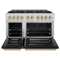 ZLINE Autograph Edition 48 In. 6.7 Cu. Ft. Select Double Oven Gas Range With 8 Burner Cooktop In Stainless Steel With Black Matte Doors And Champagne Bronze Accents (HGRZ-BLM-48-CB)(Zline Autograph Edition 48 Select Gas Range Stainless Steel Black Matte Champagne Bronze Hgrz Blm 48 Cb) 15 ZLINE Autograph Edition 48 In. 6.7 Cu. Ft. Select Double Oven Gas Range With 8 Burner Cooktop In Stainless Steel With Black Matte Doors And Champagne Bronze Accents (HGRZ-BLM-48-CB)(Zline Autograph Edition 48 Select Gas Range Stainless Steel Black Matte Champagne Bronze Hgrz Blm 48 Cb) -Induction Cooktop Store zline autograph edition select stainless steel black matte gas range HGRZ BLM 48 CB front open