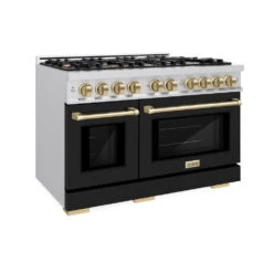 ZLINE Autograph Edition 48 In. 6.7 Cu. Ft. Select Double Oven Gas Range With 8 Burner Cooktop In Stainless Steel With Black Matte Doors And Champagne Bronze Accents (HGRZ-BLM-48-CB)(Zline Autograph Edition 48 Select Gas Range Stainless Steel Black Matte Champagne Bronze Hgrz Blm 48 Cb)