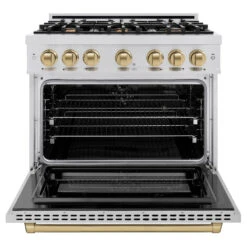 ZLINE Autograph Edition 36 In. 5.2 Cu. Ft. Select Dual Fuel Range With 6 Burner Gas Cooktop And Electric Convection Oven In Stainless Steel With Champagne Bronze Accents (HDRZ-36-CB)(Zline Autograph Edition 36 Select Dual Fuel Range Stainless Steel Champagne Bronze Hdrz 36 Cb) 16 ZLINE Autograph Edition 36 In. 5.2 Cu. Ft. Select Dual Fuel Range With 6 Burner Gas Cooktop And Electric Convection Oven In Stainless Steel With Champagne Bronze Accents (HDRZ-36-CB)(Zline Autograph Edition 36 Select Dual Fuel Range Stainless Steel Champagne Bronze Hdrz 36 Cb) -Induction Cooktop Store zline autograph edition select stainless steel dual fuel range HDRZ 36 CB front open