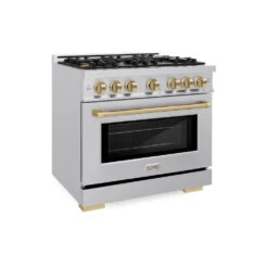 ZLINE Autograph Edition 36 In. 5.2 Cu. Ft. Select Dual Fuel Range With 6 Burner Gas Cooktop And Electric Convection Oven In Stainless Steel With Champagne Bronze Accents (HDRZ-36-CB)(Zline Autograph Edition 36 Select Dual Fuel Range Stainless Steel Champagne Bronze Hdrz 36 Cb)
