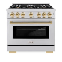 ZLINE Autograph Edition 36 In. 5.2 Cu. Ft. Select Dual Fuel Range With 6 Burner Gas Cooktop And Electric Convection Oven In Stainless Steel With Polished Gold Accents (HDRZ-36-G)(Zline Autograph Edition 36 Select Dual Fuel Range Stainless Steel Polished Gold Hdrz 36 G) -Induction Cooktop Store zline autograph edition select stainless steel dual fuel range HDRZ 36 G front
