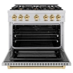 ZLINE Autograph Edition 36 In. 5.2 Cu. Ft. Select Dual Fuel Range With 6 Burner Gas Cooktop And Electric Convection Oven In Stainless Steel With Polished Gold Accents (HDRZ-36-G)(Zline Autograph Edition 36 Select Dual Fuel Range Stainless Steel Polished Gold Hdrz 36 G) -Induction Cooktop Store zline autograph edition select stainless steel dual fuel range HDRZ 36 G front open