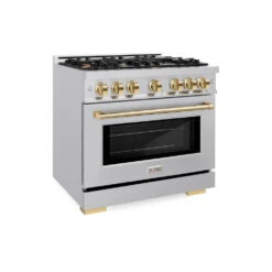 ZLINE Autograph Edition 36 In. 5.2 Cu. Ft. Select Dual Fuel Range With 6 Burner Gas Cooktop And Electric Convection Oven In Stainless Steel With Polished Gold Accents (HDRZ-36-G)(Zline Autograph Edition 36 Select Dual Fuel Range Stainless Steel Polished Gold Hdrz 36 G)