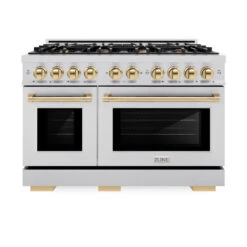 ZLINE Autograph Edition 48 In. 6.7 Cu. Ft. Select Double Oven Dual Fuel Range With 8 Burner Gas Cooktop In Stainless Steel And Polished Gold Accents (HDRZ-48-G)(Zline Autograph Edition 48 Select Dual Fuel Range Stainless Steel Polished Gold Hdrz 48 G) -Induction Cooktop Store zline autograph edition select stainless steel dual fuel range HDRZ 48 G front