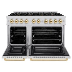 ZLINE Autograph Edition 48 In. 6.7 Cu. Ft. Select Double Oven Dual Fuel Range With 8 Burner Gas Cooktop In Stainless Steel And Polished Gold Accents (HDRZ-48-G)(Zline Autograph Edition 48 Select Dual Fuel Range Stainless Steel Polished Gold Hdrz 48 G) -Induction Cooktop Store zline autograph edition select stainless steel dual fuel range HDRZ 48 G front open