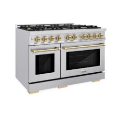 ZLINE Autograph Edition 48 In. 6.7 Cu. Ft. Select Double Oven Gas Range With 8 Burner Cooktop In Stainless Steel And Champagne Bronze Accents (HGRZ-48-CB)(Zline Autograph Edition 48 Select Gas Range Stainless Steel Champagne Bronze Hgrz 48 Cb)