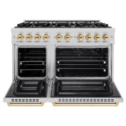 ZLINE Autograph Edition 48 In. 6.7 Cu. Ft. Select Double Oven Gas Range With 8 Burner Cooktop In Stainless Steel And Polished Gold Accents (HGRZ-48-G)(Zline Autograph Edition 48 Select Gas Range Stainless Steel Polished Gold Hgrz 48 G) 16 ZLINE Autograph Edition 48 In. 6.7 Cu. Ft. Select Double Oven Gas Range With 8 Burner Cooktop In Stainless Steel And Polished Gold Accents (HGRZ-48-G)(Zline Autograph Edition 48 Select Gas Range Stainless Steel Polished Gold Hgrz 48 G) -Induction Cooktop Store zline autograph edition select stainless steel gas range HGRZ 48 G front open