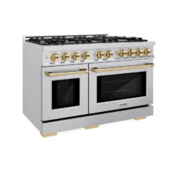 ZLINE Autograph Edition 48 In. 6.7 Cu. Ft. Select Double Oven Gas Range With 8 Burner Cooktop In Stainless Steel And Polished Gold Accents (HGRZ-48-G)(Zline Autograph Edition 48 Select Gas Range Stainless Steel Polished Gold Hgrz 48 G)