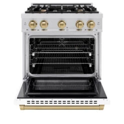 ZLINE Autograph Edition 30 In. 4.2 Cu. Ft. Select Dual Fuel Range With 4 Burner Gas Cooktop And Electric Convection Oven In Stainless Steel With White Matte Door And Champagne Bronze Accents (HDRZ-WM-30-CB)(Zline Autograph Edition 30 Select Dual Fuel Range Stainless Steel White Matte Champagne Bronze Hdrz Wm 30 Cb) -Induction Cooktop Store zline autograph edition select stainless steel white matte dual fuel range HDRZ WM 30 CB front open