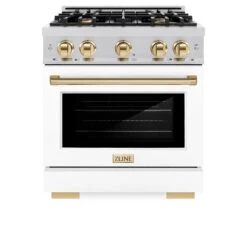 ZLINE Autograph Edition 30 In. 4.2 Cu. Ft. Select Dual Fuel Range With 4 Burner Gas Cooktop And Electric Convection Oven In Stainless Steel With White Matte Door And Polished Gold Accents (HDRZ-WM-30-G)(Zline Autograph Edition 30 Select Dual Fuel Range Stainless Steel White Matte Polished Gold Hdrz Wm 30 G) -Induction Cooktop Store zline autograph edition select stainless steel white matte dual fuel range HDRZ WM 30 G front