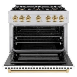 ZLINE Autograph Edition 36 In. 5.2 Cu. Ft. Select Dual Fuel Range With 6 Burner Gas Cooktop And Electric Convection Oven In Stainless Steel With White Matte Door And Polished Gold Accents (HDRZ-WM-36-G)(Zline Autograph Edition 36 Select Dual Fuel Range Stainless Steel White Matte Polished Gold Hdrz Wm 36 G) 16 ZLINE Autograph Edition 36 In. 5.2 Cu. Ft. Select Dual Fuel Range With 6 Burner Gas Cooktop And Electric Convection Oven In Stainless Steel With White Matte Door And Polished Gold Accents (HDRZ-WM-36-G)(Zline Autograph Edition 36 Select Dual Fuel Range Stainless Steel White Matte Polished Gold Hdrz Wm 36 G) -Induction Cooktop Store zline autograph edition select stainless steel white matte dual fuel range HDRZ WM 36 G front open