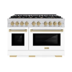 ZLINE Autograph Edition 48 In. 6.7 Cu. Ft. Select Double Oven Dual Fuel Range With 8 Burner Gas Cooktop In Stainless Steel With White Matte Doors And Champagne Bronze Accents (HDRZ-WM-48-CB)(Zline Autograph Edition 48 Select Dual Fuel Range Stainless Steel White Matte Champagne Bronze Hdrz Wm 48 Cb) -Induction Cooktop Store zline autograph edition select stainless steel white matte dual fuel range HDRZ WM 48 CB front hero