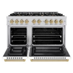 ZLINE Autograph Edition 48 In. 6.7 Cu. Ft. Select Double Oven Dual Fuel Range With 8 Burner Gas Cooktop In Stainless Steel With White Matte Doors And Champagne Bronze Accents (HDRZ-WM-48-CB)(Zline Autograph Edition 48 Select Dual Fuel Range Stainless Steel White Matte Champagne Bronze Hdrz Wm 48 Cb) -Induction Cooktop Store zline autograph edition select stainless steel white matte dual fuel range HDRZ WM 48 CB front open
