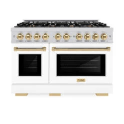 ZLINE Autograph Edition 48 In. 6.7 Cu. Ft. Select Double Oven Dual Fuel Range With 8 Burner Gas Cooktop In Stainless Steel With White Matte Door And Polished Gold Accents (HDRZ-WM-48-G)(Zline Autograph Edition 48 Select Dual Fuel Range Stainless Steel White Matte Polished Gold Hdrz Wm 48 G) 15 ZLINE Autograph Edition 48 In. 6.7 Cu. Ft. Select Double Oven Dual Fuel Range With 8 Burner Gas Cooktop In Stainless Steel With White Matte Door And Polished Gold Accents (HDRZ-WM-48-G)(Zline Autograph Edition 48 Select Dual Fuel Range Stainless Steel White Matte Polished Gold Hdrz Wm 48 G) -Induction Cooktop Store zline autograph edition select stainless steel white matte dual fuel range HDRZ WM 48 G front