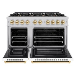 ZLINE Autograph Edition 48 In. 6.7 Cu. Ft. Select Double Oven Dual Fuel Range With 8 Burner Gas Cooktop In Stainless Steel With White Matte Door And Polished Gold Accents (HDRZ-WM-48-G)(Zline Autograph Edition 48 Select Dual Fuel Range Stainless Steel White Matte Polished Gold Hdrz Wm 48 G) 16 ZLINE Autograph Edition 48 In. 6.7 Cu. Ft. Select Double Oven Dual Fuel Range With 8 Burner Gas Cooktop In Stainless Steel With White Matte Door And Polished Gold Accents (HDRZ-WM-48-G)(Zline Autograph Edition 48 Select Dual Fuel Range Stainless Steel White Matte Polished Gold Hdrz Wm 48 G) -Induction Cooktop Store zline autograph edition select stainless steel white matte dual fuel range HDRZ WM 48 G front open