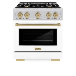 ZLINE Autograph Edition 30 In. 4.2 Cu. Ft. Select Gas Range With 4 Burner Cooktop And Convection Gas Oven In Stainless Steel With White Matte Door And Champagne Bronze Accents (HGRZ-WM-30-CB)(Zline Autograph Edition 30 Select Gas Range Stainless Steel White Matte Champagne Bronze Hgrz Wm 30 Cb) -Induction Cooktop Store zline autograph edition select stainless steel white matte gas range HGRZ WM 30 CB front