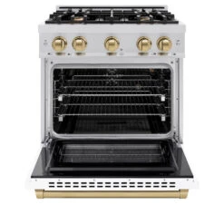 ZLINE Autograph Edition 30 In. 4.2 Cu. Ft. Select Gas Range With 4 Burner Cooktop And Convection Gas Oven In Stainless Steel With White Matte Door And Champagne Bronze Accents (HGRZ-WM-30-CB)(Zline Autograph Edition 30 Select Gas Range Stainless Steel White Matte Champagne Bronze Hgrz Wm 30 Cb) -Induction Cooktop Store zline autograph edition select stainless steel white matte gas range HGRZ WM 30 CB front open