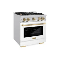 ZLINE Autograph Edition 30 In. 4.2 Cu. Ft. Select Gas Range With 4 Burner Cooktop And Convection Gas Oven In Stainless Steel With White Matte Door And Champagne Bronze Accents (HGRZ-WM-30-CB)(Zline Autograph Edition 30 Select Gas Range Stainless Steel White Matte Champagne Bronze Hgrz Wm 30 Cb)