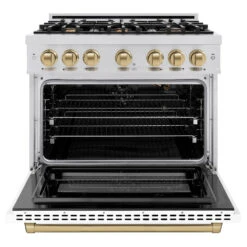 ZLINE Autograph Edition 36 In. 5.2 Cu. Ft. Select Gas Range With 6 Burner Cooktop And Convection Gas Oven In Stainless Steel With White Matte Door And Champagne Bronze Accents (HGRZ-WM-36-CB)(Zline Autograph Edition 36 Select Gas Range Stainless Steel White Matte Champagne Bronze Hgrz Wm 36 Cb) 15 ZLINE Autograph Edition 36 In. 5.2 Cu. Ft. Select Gas Range With 6 Burner Cooktop And Convection Gas Oven In Stainless Steel With White Matte Door And Champagne Bronze Accents (HGRZ-WM-36-CB)(Zline Autograph Edition 36 Select Gas Range Stainless Steel White Matte Champagne Bronze Hgrz Wm 36 Cb) -Induction Cooktop Store zline autograph edition select stainless steel white matte gas range HGRZ WM 36 CB front open