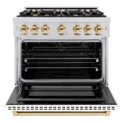 ZLINE Autograph Edition 36 In. 5.2 Cu. Ft. Select Gas Range With 6 Burner Cooktop And Convection Gas Oven In Stainless Steel With White Matte Door And Polished Gold Accents (HGRZ-WM-36-G)(Zline Autograph Edition 36 Select Gas Range Stainless Steel White Matte Polished Gold Hgrz Wm 36 G) 15 ZLINE Autograph Edition 36 In. 5.2 Cu. Ft. Select Gas Range With 6 Burner Cooktop And Convection Gas Oven In Stainless Steel With White Matte Door And Polished Gold Accents (HGRZ-WM-36-G)(Zline Autograph Edition 36 Select Gas Range Stainless Steel White Matte Polished Gold Hgrz Wm 36 G) -Induction Cooktop Store zline autograph edition select stainless steel white matte gas range HGRZ WM 36 G front open