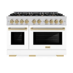 ZLINE Autograph Edition 48 In. 6.7 Cu. Ft. Select Double Oven Gas Range With 8 Burner Cooktop In Stainless Steel With White Matte Doors And Champagne Bronze Accents (HGRZ-WM-48-CB)(Zline Autograph Edition 48 Select Gas Range Stainless Steel White Matte Champagne Bronze Hgrz Wm 48 Cb) 15 ZLINE Autograph Edition 48 In. 6.7 Cu. Ft. Select Double Oven Gas Range With 8 Burner Cooktop In Stainless Steel With White Matte Doors And Champagne Bronze Accents (HGRZ-WM-48-CB)(Zline Autograph Edition 48 Select Gas Range Stainless Steel White Matte Champagne Bronze Hgrz Wm 48 Cb) -Induction Cooktop Store zline autograph edition select stainless steel white matte gas range HGRZ WM 48 G front
