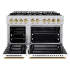 ZLINE Autograph Edition 48 In. 6.7 Cu. Ft. Select Double Oven Gas Range With 8 Burner Cooktop In Stainless Steel With White Matte Doors And Champagne Bronze Accents (HGRZ-WM-48-CB)(Zline Autograph Edition 48 Select Gas Range Stainless Steel White Matte Champagne Bronze Hgrz Wm 48 Cb) 16 ZLINE Autograph Edition 48 In. 6.7 Cu. Ft. Select Double Oven Gas Range With 8 Burner Cooktop In Stainless Steel With White Matte Doors And Champagne Bronze Accents (HGRZ-WM-48-CB)(Zline Autograph Edition 48 Select Gas Range Stainless Steel White Matte Champagne Bronze Hgrz Wm 48 Cb) -Induction Cooktop Store zline autograph edition select stainless steel white matte gas range HGRZ WM 48 G front open