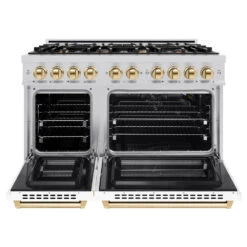 ZLINE Autograph Edition 48 In. 6.7 Cu. Ft. Select Double Oven Gas Range With 8 Burner Cooktop In Stainless Steel With White Matte Doors And Polished Gold Accents (HGRZ-WM-48-G)(Zline Autograph Edition 48 Select Gas Range Stainless Steel White Matte Polished Gold Hgrz Wm 48 G) -Induction Cooktop Store zline autograph edition select stainless steel white matte gas range HGRZ WM 48 G front open 4c52cc41 973b 4d3a a4f7 acaa31f1064d