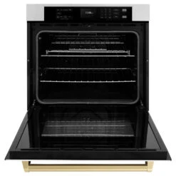 ZLINE Autograph Edition 30 In. Professional True Convection Single Wall Oven With Air Fry And Self Clean In Stainless Steel With White Matte Door And Champagne Bronze Handle (WASZ-WM-30-CB)(Zline Autograph Edition 30 Wall Oven Stainless Steel White Matte Champagne Bronze Wasz Wm 30 Cb) 22 ZLINE Autograph Edition 30 In. Professional True Convection Single Wall Oven With Air Fry And Self Clean In Stainless Steel With White Matte Door And Champagne Bronze Handle (WASZ-WM-30-CB)(Zline Autograph Edition 30 Wall Oven Stainless Steel White Matte Champagne Bronze Wasz Wm 30 Cb) -Induction Cooktop Store zline autograph edition stainless steel white matte wall oven WASZ WM 30 CB front open