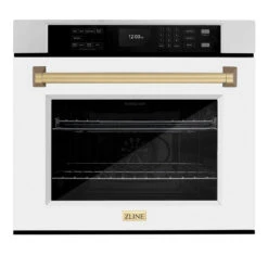 ZLINE Autograph Edition 30 In. Professional True Convection Single Wall Oven With Air Fry And Self Clean In Stainless Steel With White Matte Door And Champagne Bronze Handle (WASZ-WM-30-CB)(Zline Autograph Edition 30 Wall Oven Stainless Steel White Matte Champagne Bronze Wasz Wm 30 Cb)