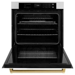 ZLINE Autograph Edition 30 In. Professional True Convection Single Wall Oven With Air Fry And Self Clean In Stainless Steel With White Matte Door And Polished Gold Handle (WASZ-WM-30-G)(Zline Autograph Edition 30 Wall Oven Stainless Steel White Matte Polished Gold Wasz Wm 30 G) -Induction Cooktop Store zline autograph edition stainless steel white matte wall oven WASZ WM 30 G front open