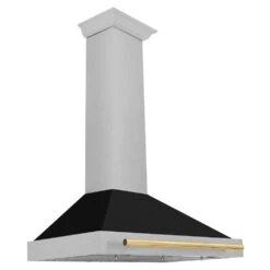 ZLINE Autograph Edition 36 In. Convertible Satin Stainless Steel Wall Mount Range Hood With Black Matte Shell And Polished Gold Handle (KB4SNZ-BLM36-G)(Zline Autograph Edition 36 Wall Mount Range Hood Satin Stainless Steel Black Matte Polished Gold Kb4snz Blm36 G)