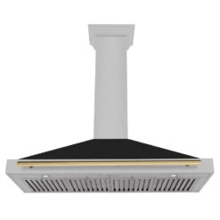 ZLINE Autograph Edition 48 In. Convertible Satin Stainless Steel Wall Mount Range Hood With Black Matte Shell And Polished Gold Handle (KB4SNZ-BLM48-G)(Zline Autograph Edition 48 Wall Mount Range Hood Satin Stainless Steel Black Matte Polished Gold Kb4snz Blm48 G) -Induction Cooktop Store zline autograph edition wall mount satin stainless steel black matte range hood KB4SNZ BLM48 G under