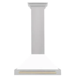 ZLINE Autograph Edition 30 In. Convertible Satin Stainless Steel Wall Mount Range Hood With White Matte Shell And Polished Gold Handle (KB4SNZ-WM30-G)(Zline Autograph Edition 30 Wall Mount Range Hood Satin Stainless Steel White Matte Polished Gold Kb4snz Wm30 G) -Induction Cooktop Store zline autograph edition wall mount satin stainless steel white matte range hood KB4SNZ WM30 G dimensional diagram front