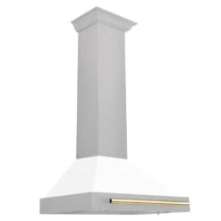 ZLINE Autograph Edition 30 In. Convertible Satin Stainless Steel Wall Mount Range Hood With White Matte Shell And Polished Gold Handle (KB4SNZ-WM30-G)(Zline Autograph Edition 30 Wall Mount Range Hood Satin Stainless Steel White Matte Polished Gold Kb4snz Wm30 G)