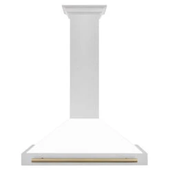 ZLINE Autograph Edition 36 In. Convertible Satin Stainless Steel Wall Mount Range Hood With White Matte Shell And Champagne Bronze Handle (KB4SNZ-WM36-CB)(Zline Autograph Edition 36 Wall Mount Range Hood Satin Stainless Steel White Matte Champagne Bronze Kb4snz Wm36 Cb) -Induction Cooktop Store zline autograph edition wall mount satin stainless steel white matte range hood KB4SNZ WM36 CB front