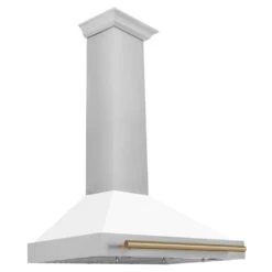 ZLINE Autograph Edition 36 In. Convertible Satin Stainless Steel Wall Mount Range Hood With White Matte Shell And Champagne Bronze Handle (KB4SNZ-WM36-CB)(Zline Autograph Edition 36 Wall Mount Range Hood Satin Stainless Steel White Matte Champagne Bronze Kb4snz Wm36 Cb)