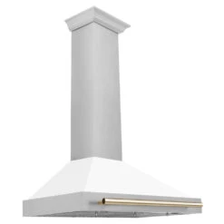 ZLINE Autograph Edition 36 In. Convertible Satin Stainless Steel Wall Mount Range Hood With White Matte Shell And Polished Gold Handle (KB4SNZ-WM36-G)(Zline Autograph Edition 36 Wall Mount Range Hood Satin Stainless Steel White Matte Polished Gold Kb4snz Wm36 G)