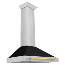 ZLINE Autograph Edition 36 In. Convertible Stainless Steel Range Hood With Black Matte Shell And Polished Gold Handle (KB4STZ-BLM36-G)(Zline Autograph Edition 36 Wall Mount Range Hood Stainless Steel Black Matte Polished Gold Kb4stz Blm36 G)