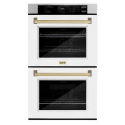 ZLINE Autograph Edition 30 In. Professional True Convection Double Wall Oven With Air Fry And Self Clean In Stainless Steel With White Matte Doors And Champagne Bronze Handles (WADZ-WM-30-CB)(Zline Autograph Edition 30 Double Wall Oven Stainless Steel White Matte Champagne Bronze Wadz Wm 30 Cb)